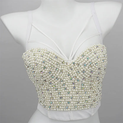 Quality Pearl Tank Tops Rhinestone Women Crop Top Club Clothes Streetwear Y2K Corset Woman Shaper Camis Fashion Feamale Clothing