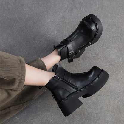 6.5cm Cow Natural Genuine Leather Autumn Flats Comfy Shoes Platform Wedge Elthnic Big Toe Women Ankle Booties Rubber Spring