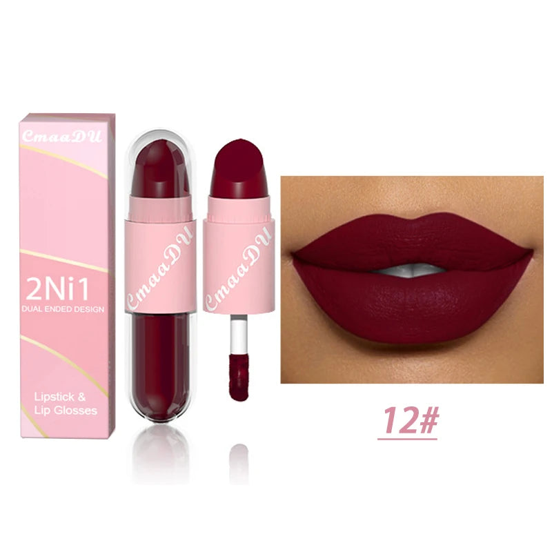 18Color 2 in 1 Sexy Red Brown Matte Liquid Lipstick Double Head Purple Lip Gloss Moisturizer Lasting Waterproof Lip...
