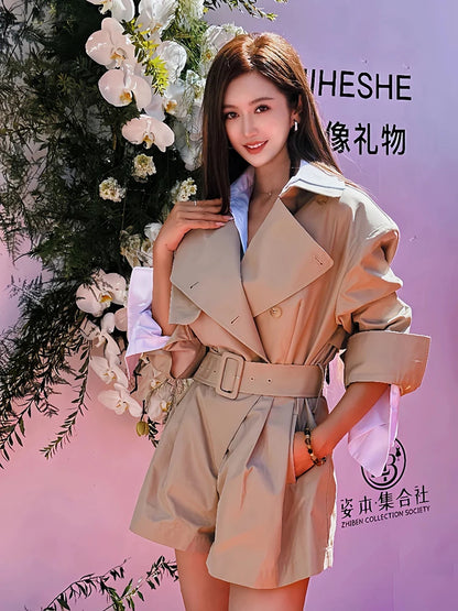 DEAT Fashion Khaki Jumpsuit Women's Lapel Double-Breasted Sashes Trench Coat Loose Rompers Autumn New 7A1521 - Kimlud