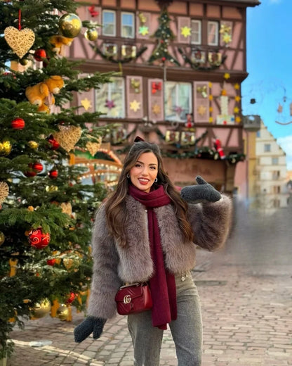 Faux fur jacket 2025 Fall/Winter New Fashion Women's Faux Fur Effect Round Neck Long Sleeve Short Jacket