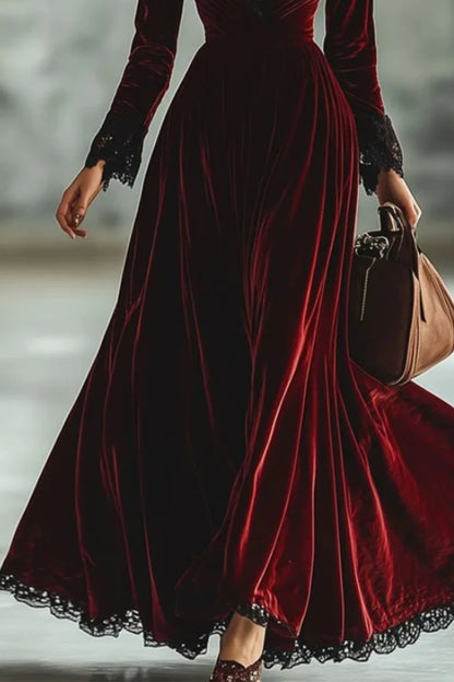 Elegant Velvet Dress for Women's Autumn Casual Sexy V-Neck Vintage Solid Lace Hem High Waist Pleated A-line Evening...