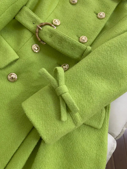 IEQJ Fashion Autumn Winter Green Woolen Coat Women Turn Down Collar Long Sleeves Double Breasted Sashes Slim Blends Coats New
