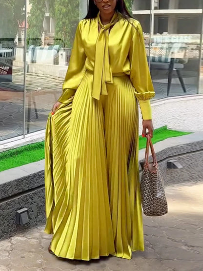 Two Piece Sets Women Outfits V Neck Lace Up Long Lantern Sleeve Tops Wide Leg Pleated Trousers Streetwear Party Causal Pant Sets