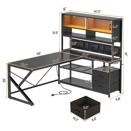 L Shaped Gaming Desk, Home Office Computer Desk with 2 Drawer and Bookshelf, L Shaped Gaming Desk with LED Light,, Customized - Kimlud