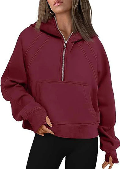 Half Zipper Hooded Short Plush Sweater, Casual Sports Sweater, New Fashion, Autumn, Winter, 2024 - Kimlud
