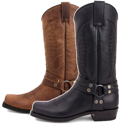 2023 New Western Cowboy Boots Black Brown Faux Leather Winter Shoes Retro Men Boots Embroidered Men Mid-calf Boots Size 48 Botas
