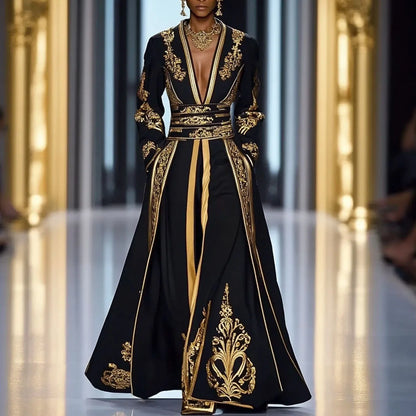 Sexy V-neck Elegant Women's Dress Pockets Pleated A-Line Ethnic Floral Printed Long Sleeve Retro Muslim Fashion Dresses