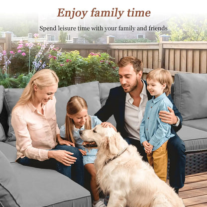 7 Pieces Outdoor Sectional Patio Furniture Set with Fire Pit Table PE Rattan Wicker Patio Sectional Conversation,...