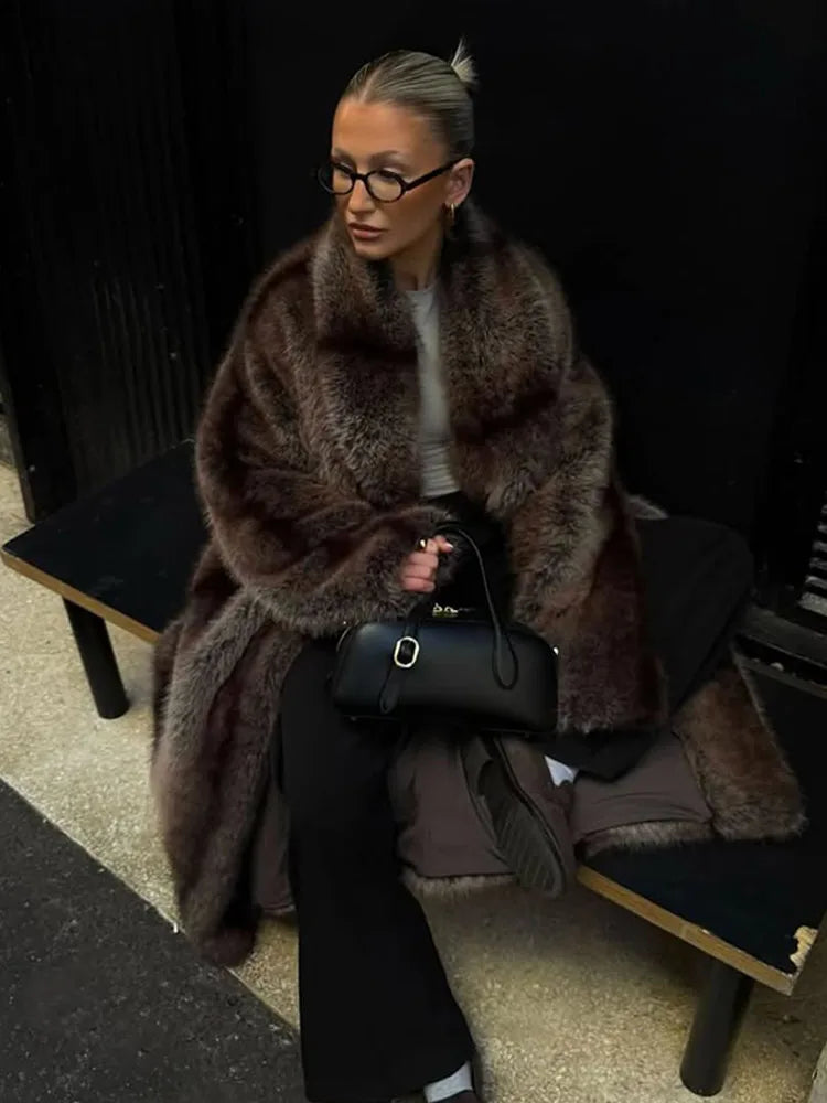 Women Brown Faux Fur Coat Shawl Collar Solid Full Loose Outerwears 2025 New Winter Fashion Street Commute Evening Event Lady Top
