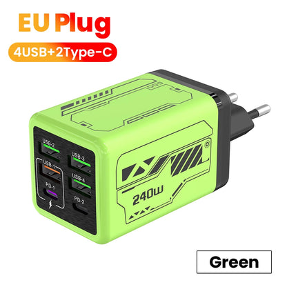 240W 6 Ports 4USB+2Type C Super Fast Charging Mobile Phone Charger USB3.0 PD3.0 EU/UK/US Charger For Iphone 17 16 Samsung POCO