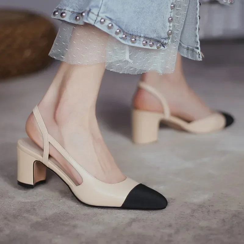 LeShion Of Chanmeb 33-43 Women Luxury Brand Designer Shoes Woman High Heeled Genuine Leather Slingbacks Beige Nude Pumps Classic - Kimlud