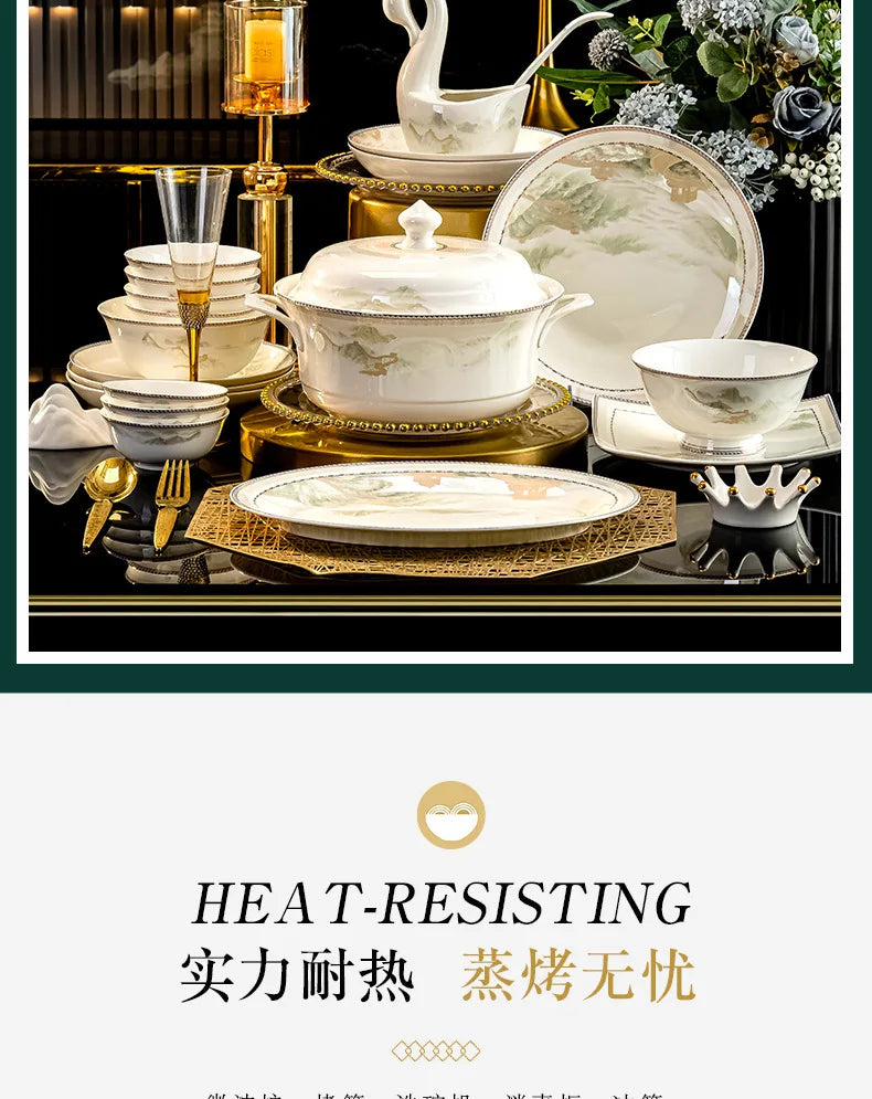 Jingdezhen dish set housewarming tableware set bowl and plate ceramic tableware set light luxury plate bowl | Kimlud...