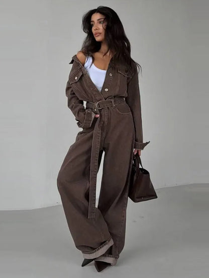 Chic Denim Women's Jumpsuit Turn-Down Collar Lace Up Full Sleeve Lady Long Jumpsuits 2026 Spring Casual Female Streetwear - Kimlud