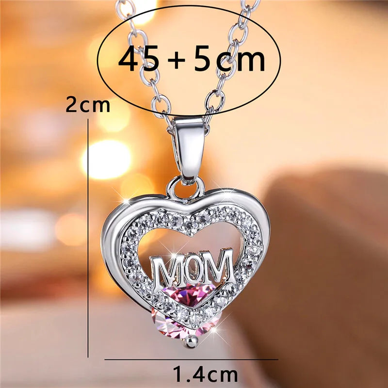 Crystal Luxury White Zircon Stone Heart Mom Letter Pendant Necklace Vintage Wedding Jewelry For Women Mother's Day Gift...
