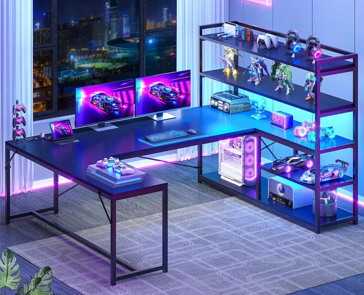 63'' L-Shaped Gaming Desk with LED Lights, Power Outlet & Storage Shelves - Reversible Corner Desk for Home Office |...