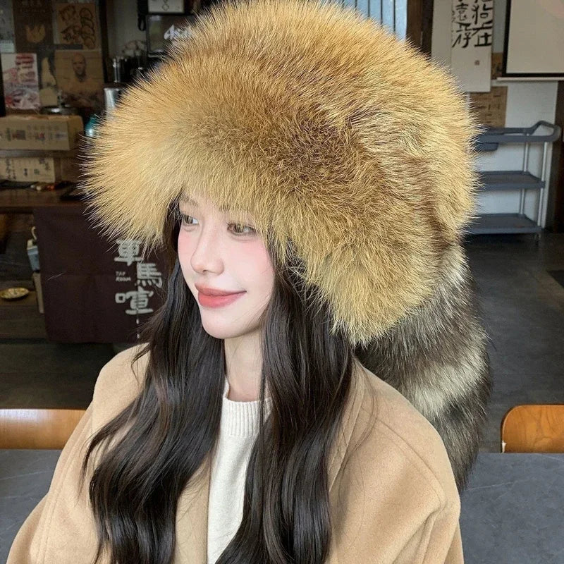 Winter Women Fashion Real Fur Hat Natural Fox Fur Hats Headgear Russian Outdoor Cap Ladies Thicken Warm Fur Caps |...