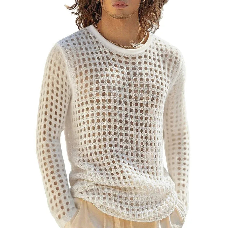 New American Hollow Out Men T-shirt Trendy Sexy Mesh Solid Color Long Sleeve Tees Transparent Stage Clothing Fitness Tops S-2XL - Kimlud