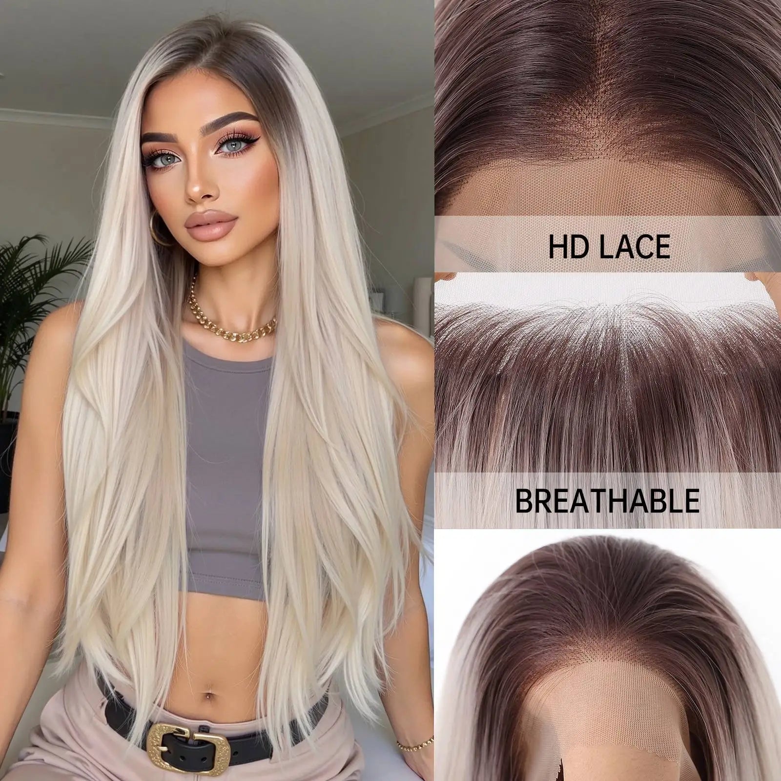 Long Straight Ash Pink 13x4 HD Lace Front Wig 30 Inch Glueless Synthetic Transparent Lace Frontal Wigs Pre Plucked Pastel Rose Gold for Women