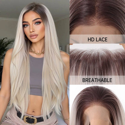 Long Straight Ash Pink 13x4 HD Lace Front Wig 30 Inch Glueless Synthetic Transparent Lace Frontal Wigs Pre Plucked Pastel Rose Gold for Women