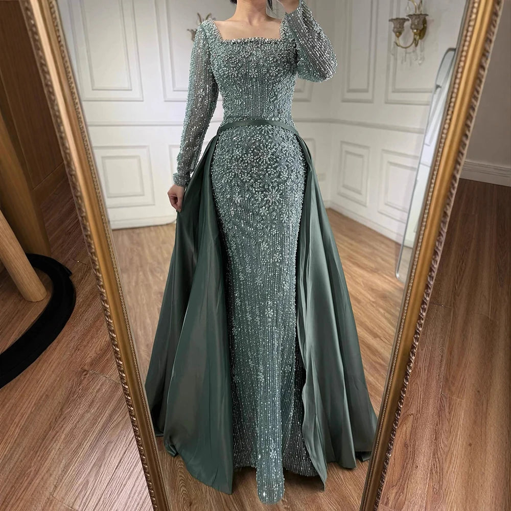 Serene Hill Customized Arabic Caramel Mermaid With Overskirt Beaded Evening Dresses Luxury Gowns For Formal Occasion...