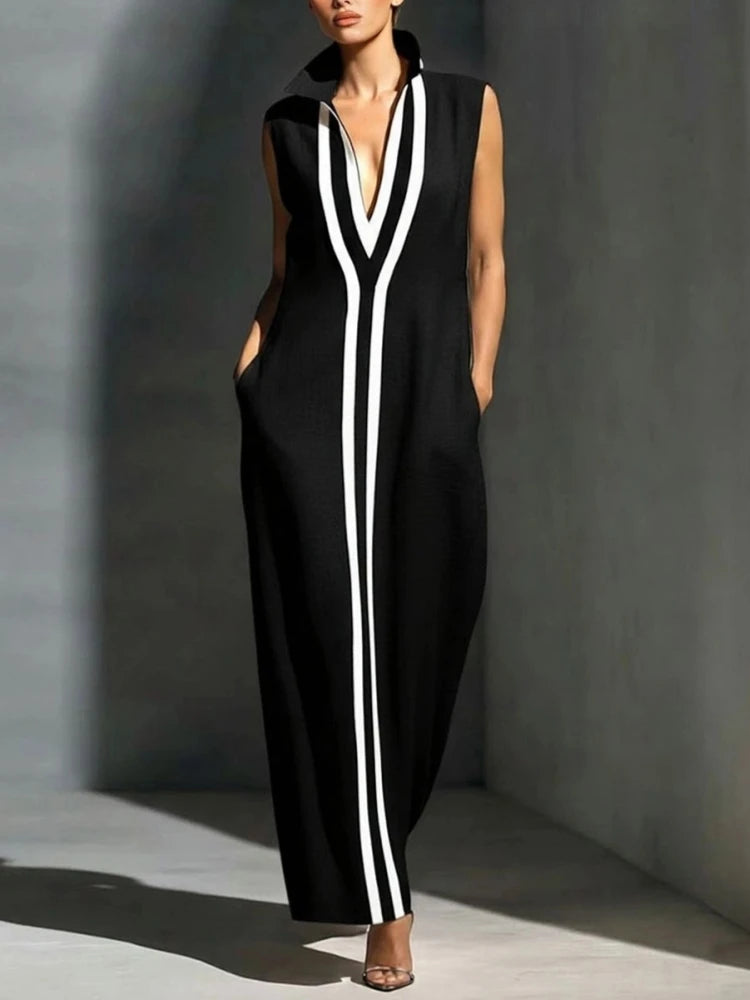 Fashion Colourblock Maxi Dress Women Casual Deep V-neck Sleeveless Loose Dresses 2026 Summer Elegant Party Street Vestidos - Kimlud