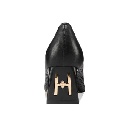 【JOCHEBED HU】New Fashion Hollow Out Women Pumps Square Toe Summer Shoes Chunky Heels Handmade Genuine Leather Shoes 33-43 - Kimlud