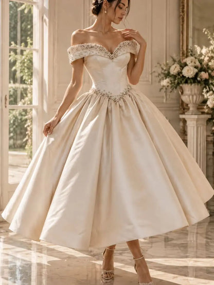 Wedding Dresses Women Luxury Pearl Beaded Off Shoulder Satin A Line Bridal Gown Princess Long Formal Dress Bride...