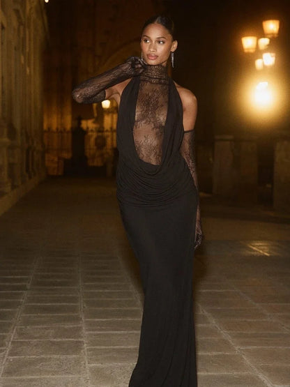 Sexy Sleeveless High Neck Lace Patchwork Long Dress with Gloves Women Black Hollow Out Buttons Evening Club Party Maxi...