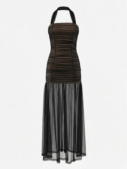 Sexy Halter Neck Mesh Patchwork Ruched Long Dress Women Black Sleeveless Backless Elegant Slim Runway Evening Party Club...