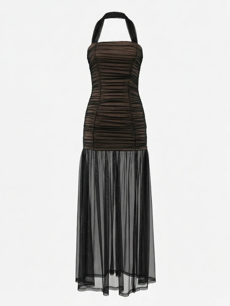 Sexy Halter Neck Mesh Patchwork Ruched Long Dress Women Black Sleeveless Backless Elegant Slim Runway Evening Party Club...