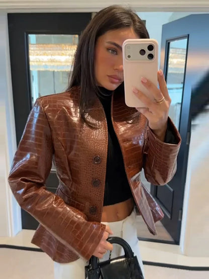 Fashion Crocodile Embossed Faux Leather Women's Jacket Stand Collar Short Slim Long Sleeve Coat Chic 2026 Autumn New...