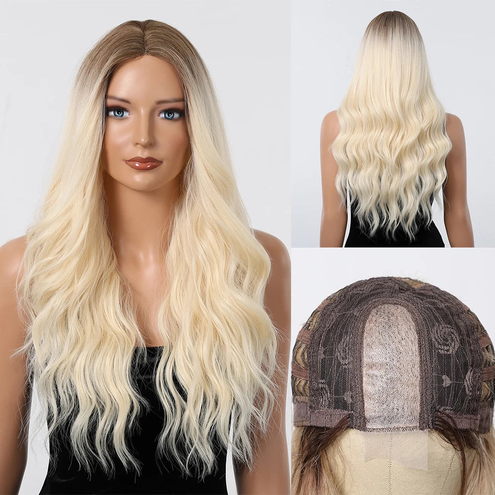 Long Body Wave Blonde Wigs Transparent Lace Frontal Synthetic Wig Middle Part Hair Light Golden Wig for White Women Dairly Party