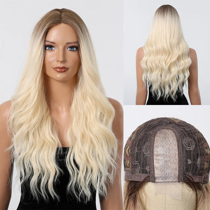Long Body Wave Blonde Wigs Transparent Lace Frontal Synthetic Wig Middle Part Hair Light Golden Wig for White Women Dairly Party
