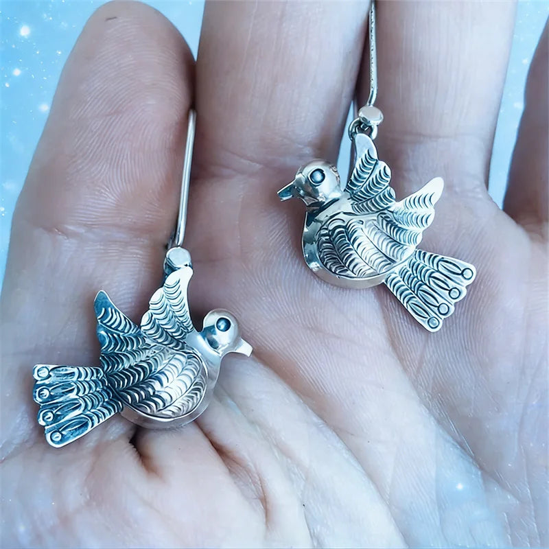Vintage Black Stone Bird Animal Earrings for Women Silver Color Dangle Earrings Jewelry
