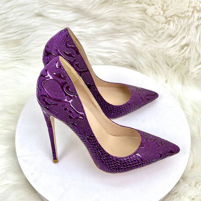 Luxury purple woman high heeled shoes shallow mouth pointed toe slip on unique shoes four season all game pattern snakes shoes - Kimlud