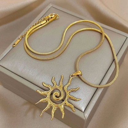 Flashbuy Vintage Chic Sun Shaped Pendant Stainless Steel Necklace Statement Golden Fashion Jewlery Gift
