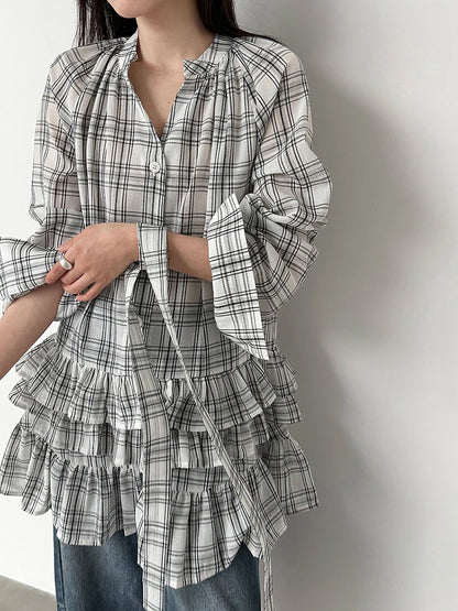 [EAM] Women Black Plaid Ruffles Big Size Elegant Blouse New V-neck Long Sleeve Shirt Fashion Tide Spring Autumn 2026...
