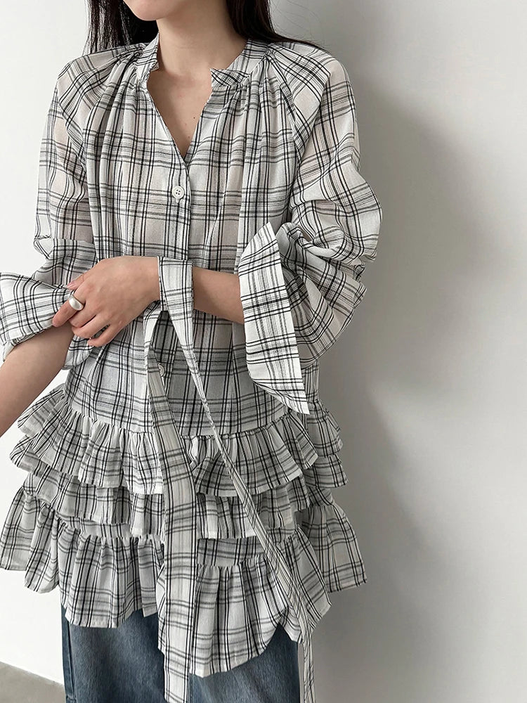 [EAM] Women Black Plaid Ruffles Big Size Elegant Blouse New V-neck Long Sleeve Shirt Fashion Tide Spring Autumn 2026...