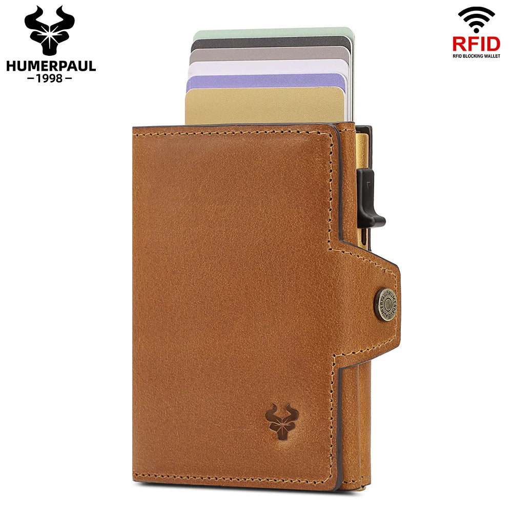 HUMERPAUL Men Card Holder with Money Pocket Crazy Horse Leather Pop Up Minimalist Wallet RFID Blocking Slim Metal Bank Card Case