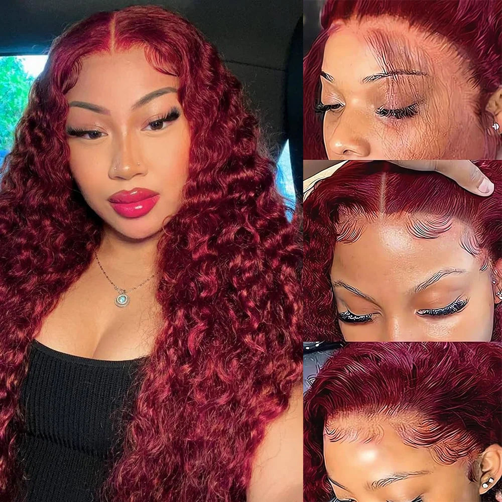 Deep Wave Human Hair Wig For Woman On Sale Natural Hairline 13x4 HD Lace Frontal Wigs Pre Plucked with Baby Hair 99J Burgundy