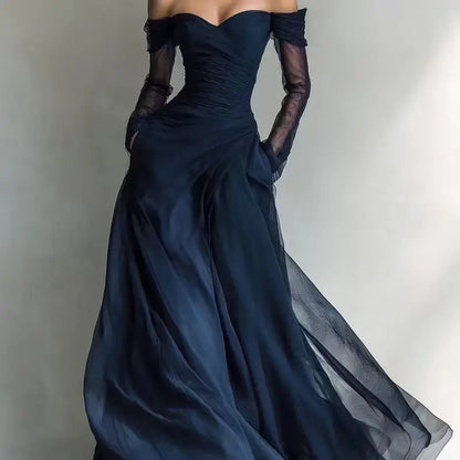 New Women's Sexy Strapless Net Silk Long Sleeved Party Dresses Spring Summer Fashion V Neck Elegant Ladies Formal Long...