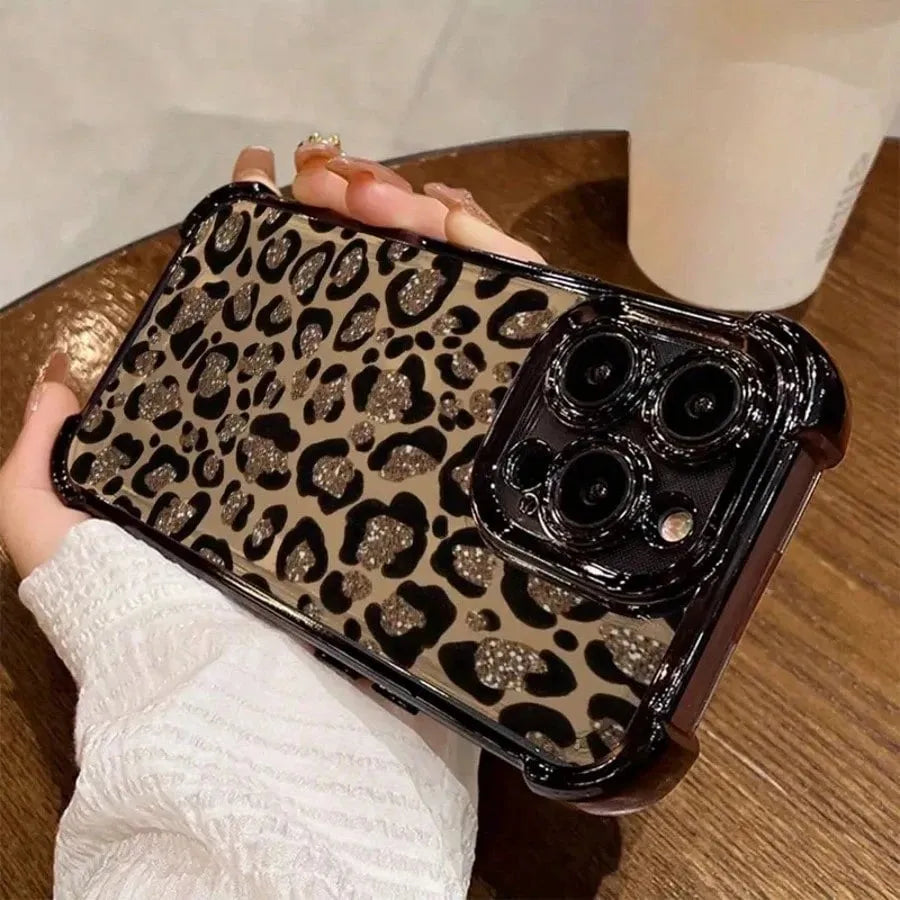 Glitter Leopard Print Plating Phone Case For iPhone 17 16e 16 15 14 13 12 11 Pro Max X XSMax 7 8 Mini Air Plus Anti-Fall...