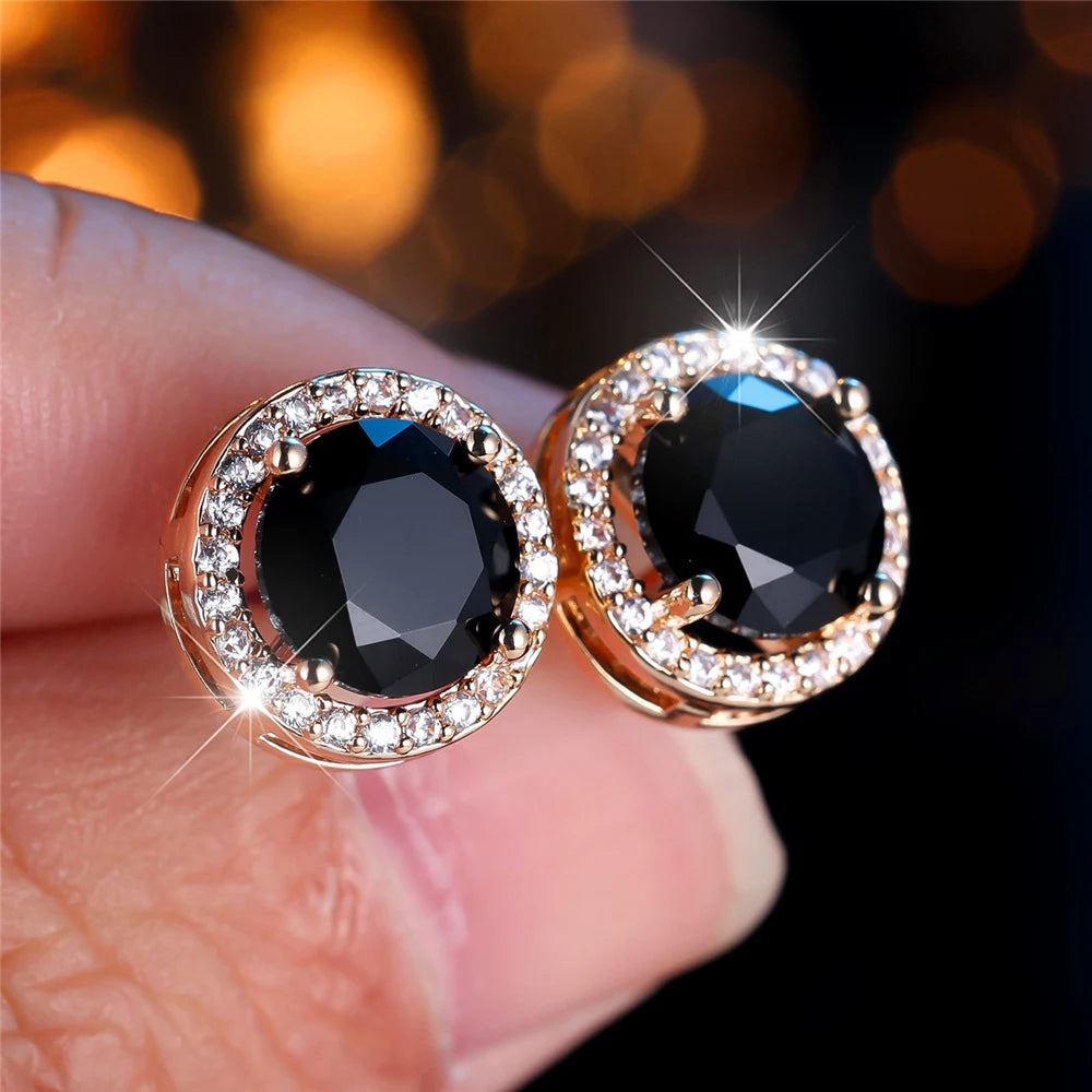 Cute Female Multicolor Pink Black Zircon Round Stone Stud Earrings Gold Color Wedding Jewelry For Women | Kimlud Mid...
