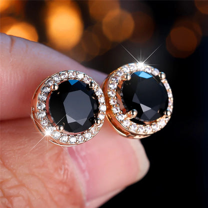 Cute Female Multicolor Pink Black Zircon Round Stone Stud Earrings Gold Color Wedding Jewelry For Women | Kimlud Mid...