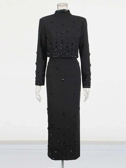 TWOTWINSTYLE Solid Spliced Diamonds Two Piece Set For Women Stand Collar Long Sleeve Tops High Waist A Line Skirt Set Female New