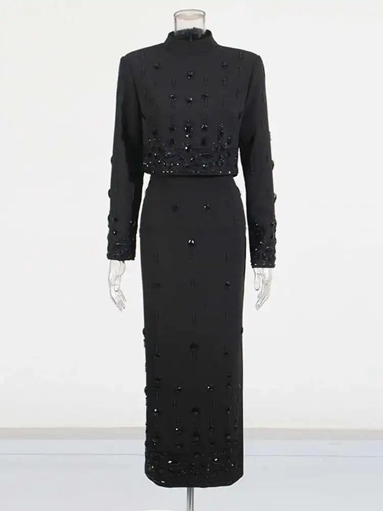 TWOTWINSTYLE Solid Spliced Diamonds Two Piece Set For Women Stand Collar Long Sleeve Tops High Waist A Line Skirt Set Female New