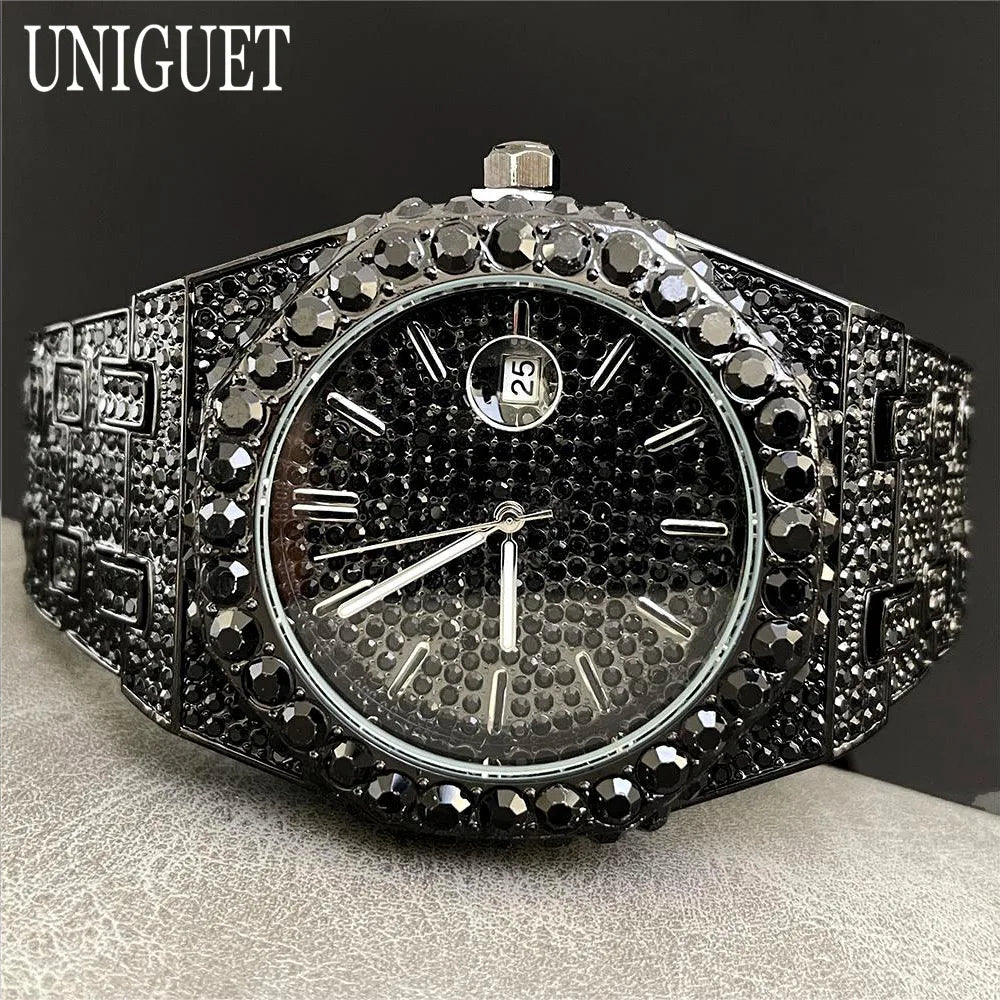 UNIGUET Fashion Iced Out Silver Mens Watch Luxury Calendar Waterproof Watch For Man Hip Hop High Quality Big Diamond Wristwatch