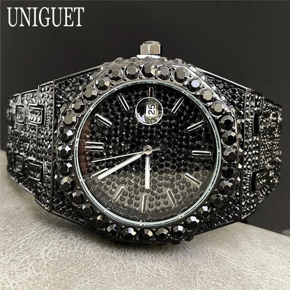 UNIGUET Fashion Iced Out Silver Mens Watch Luxury Calendar Waterproof Watch For Man Hip Hop High Quality Big Diamond Wristwatch
