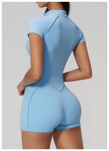 2026 Yoga Bodysuit Short Sleeves Women Tracksuits Gym Zipper Jumpsuits Sports Workout Rompers Fitness One-piece Suit Activewear - Kimlud